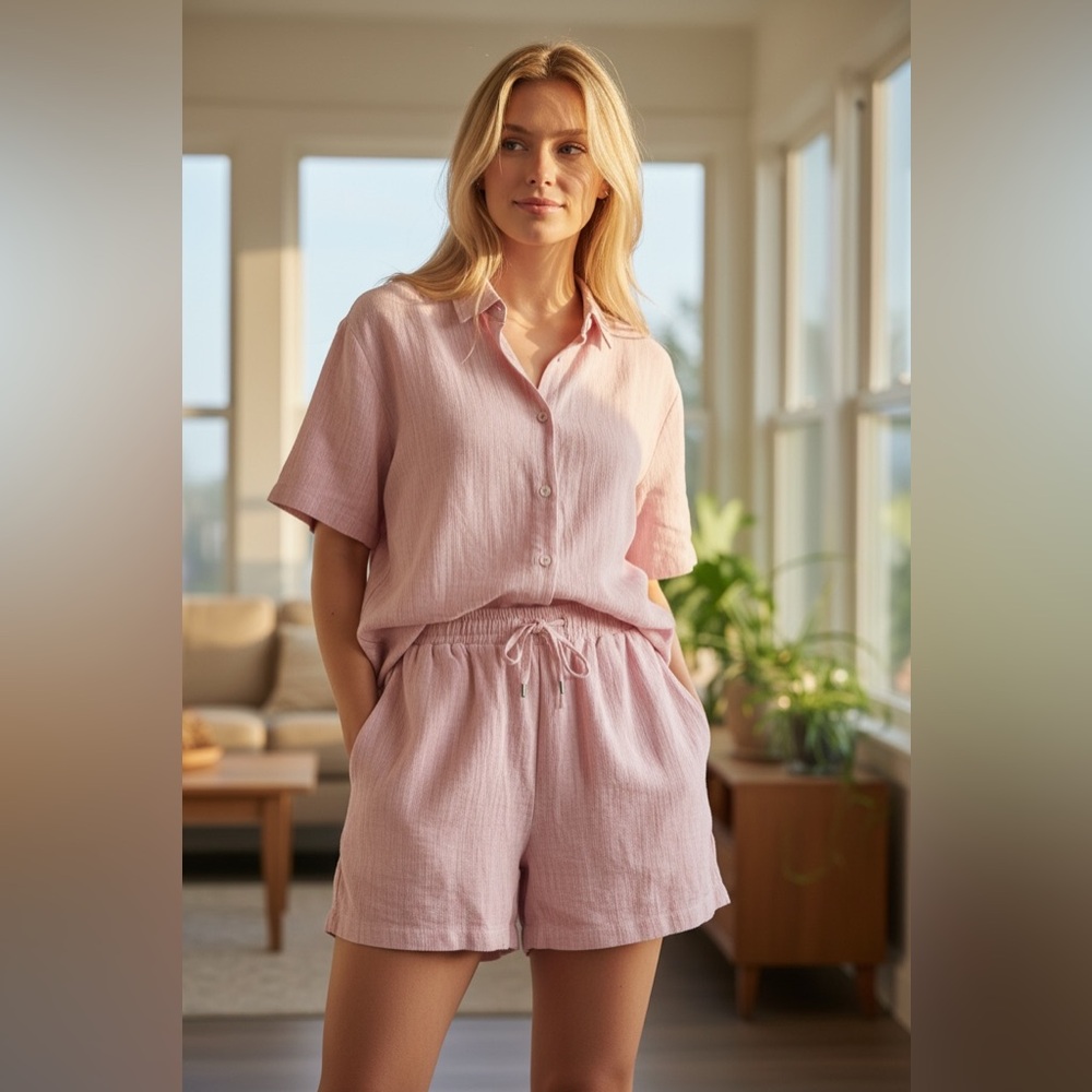 Pink Short Sleeve Shirt and Shorts Set